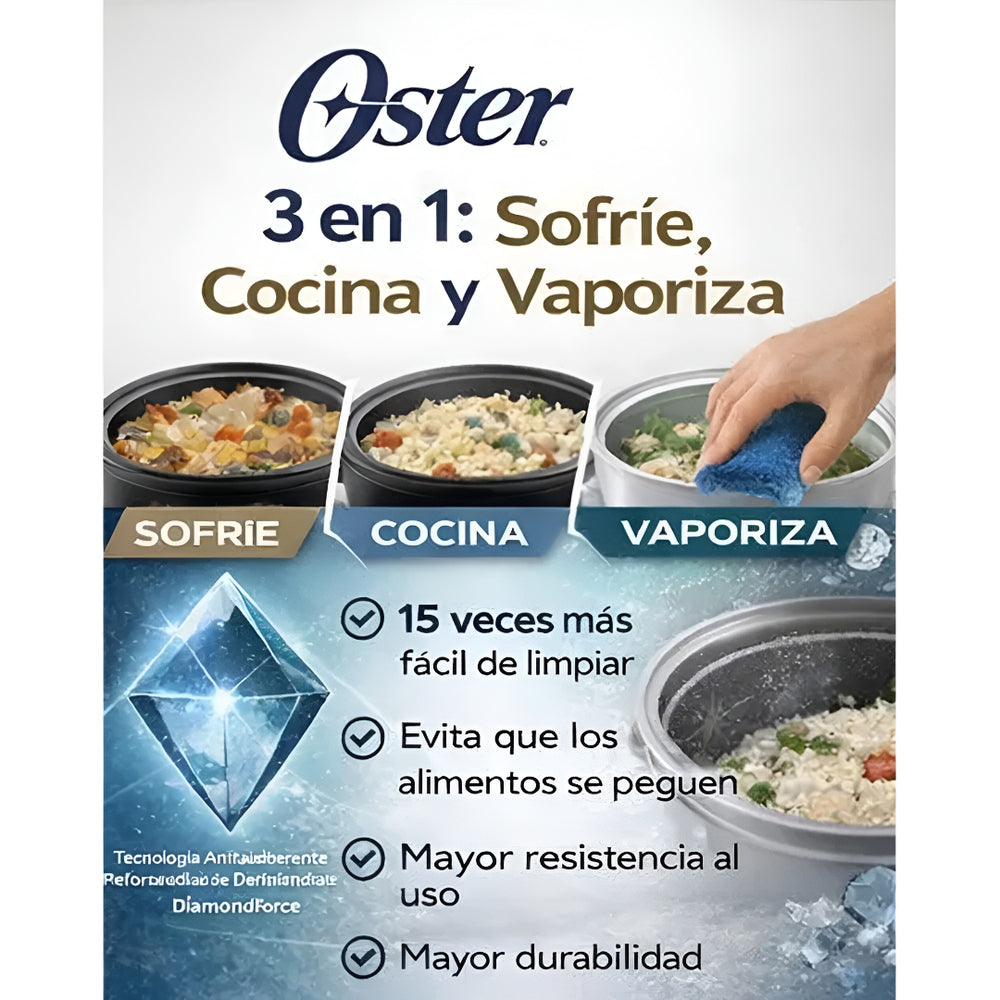 Arrocera Oster 10 Tazas 3 en 1 con Sofrito y Vaporera - Antiadherente DiamondForce CKSTRC10DFBLK