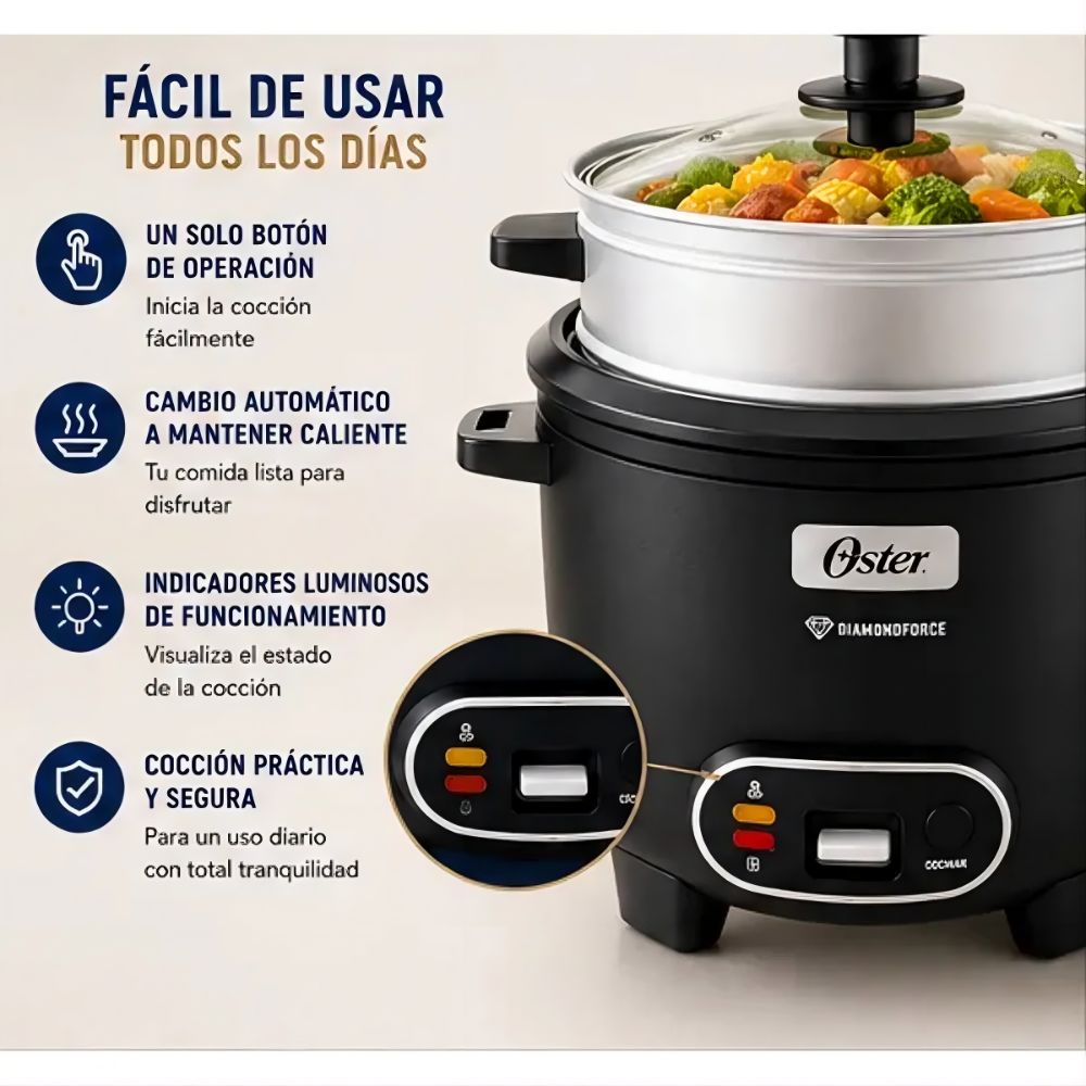 Arrocera Oster 15 Tazas 3 en 1 con Sofrito y Vaporera - Antiadherente DiamondForce CKSTRC15DFBLK