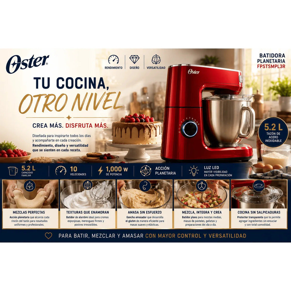 Oster Batidora Planetaria FPSTSMPL3R 5.2L 1000W 10 Velocidades