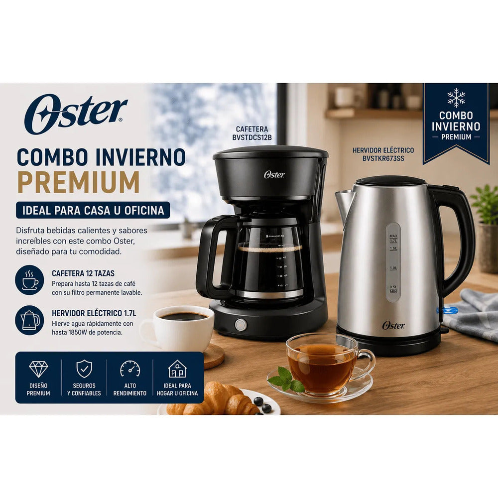 Combo Oster Premium Cafetera 12 Tazas BVSTDCS12B + Hervidor Eléctrico 1.7L BVSTKT673SS