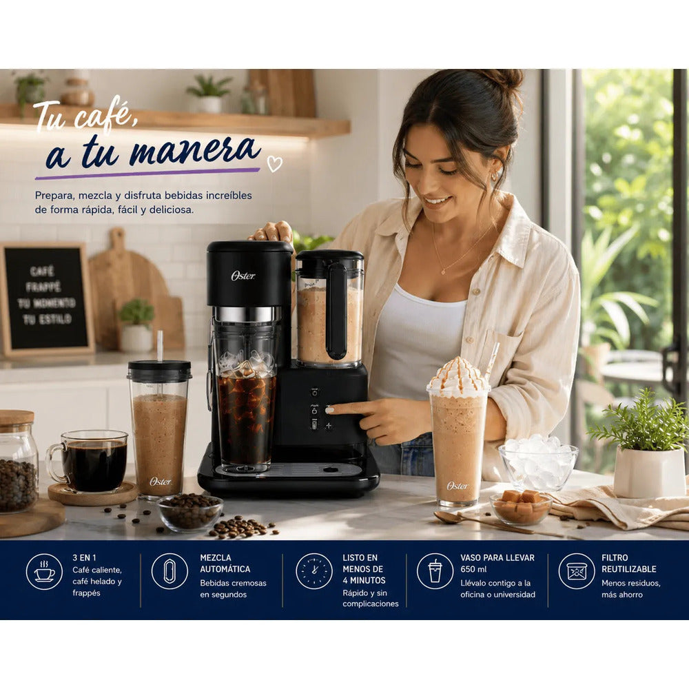 Cafetera Frappé Oster BVSTDC03B 3 en 1 Con Licuadora Integrada 900W Vaso 650ml