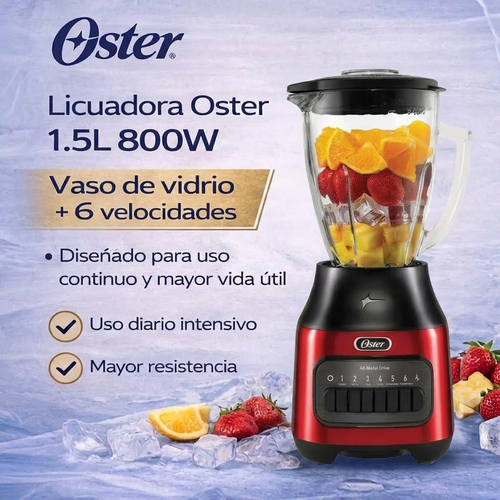 Licuadora Oster 1.5L 800W Vaso de Vidrio 6 Velocidades + Pulso BLSTPEG-CPB Roja