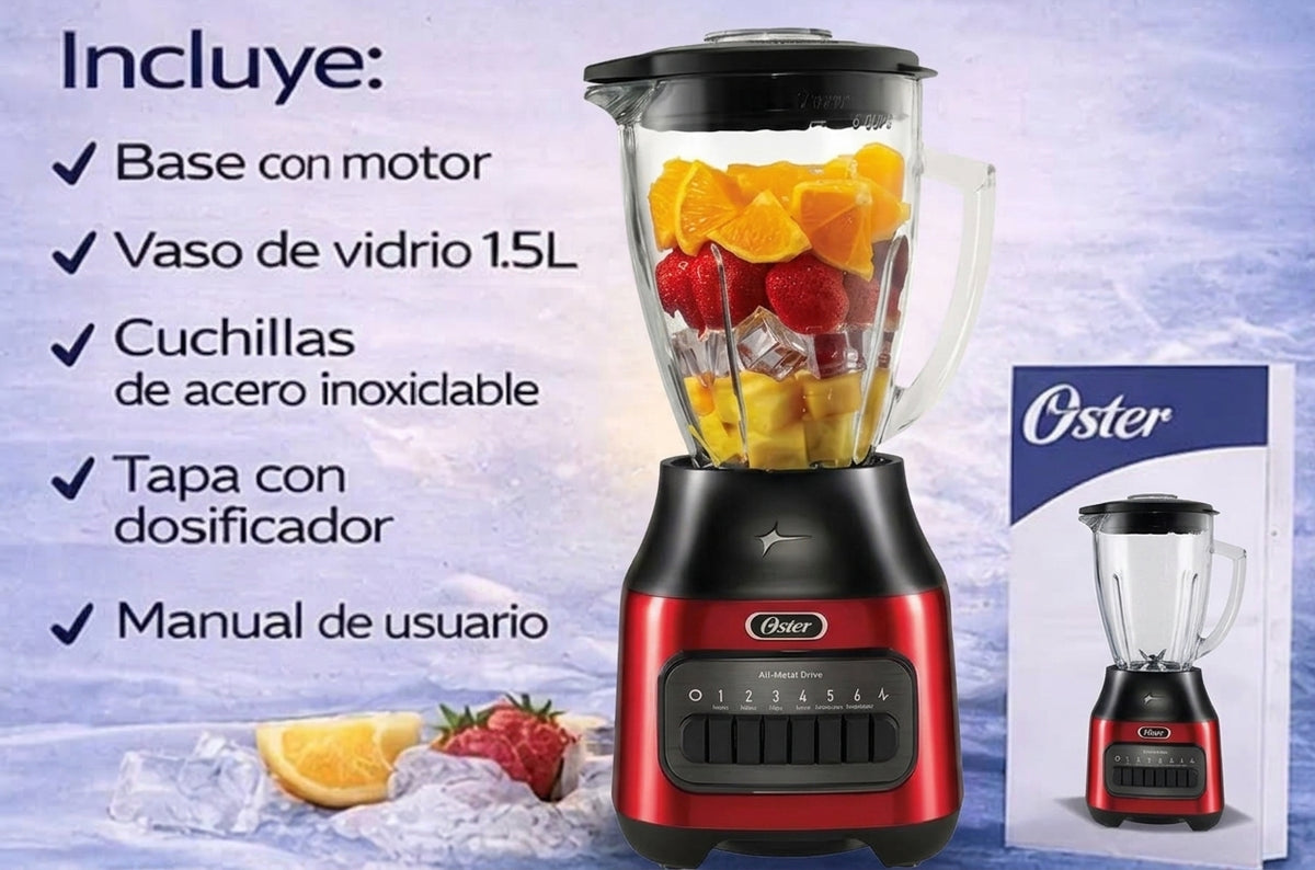 Licuadora Oster 1.5L 800W Vaso de Vidrio 6 Velocidades + Pulso BLSTPEG-CPB Roja