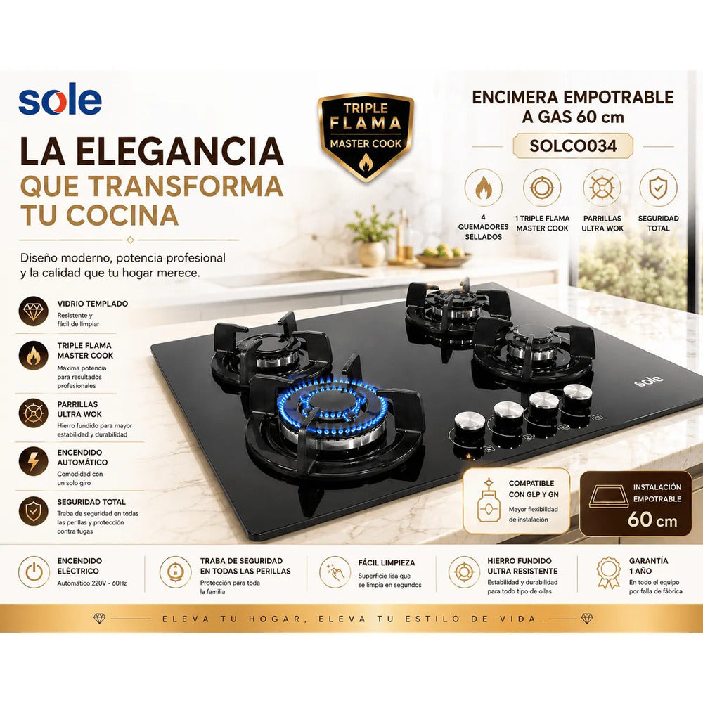 Encimera Empotrable Sole SOLCO034 60 cm Vidrio Templado a Gas 4 Quemadores Triple Flama Ultra Wok