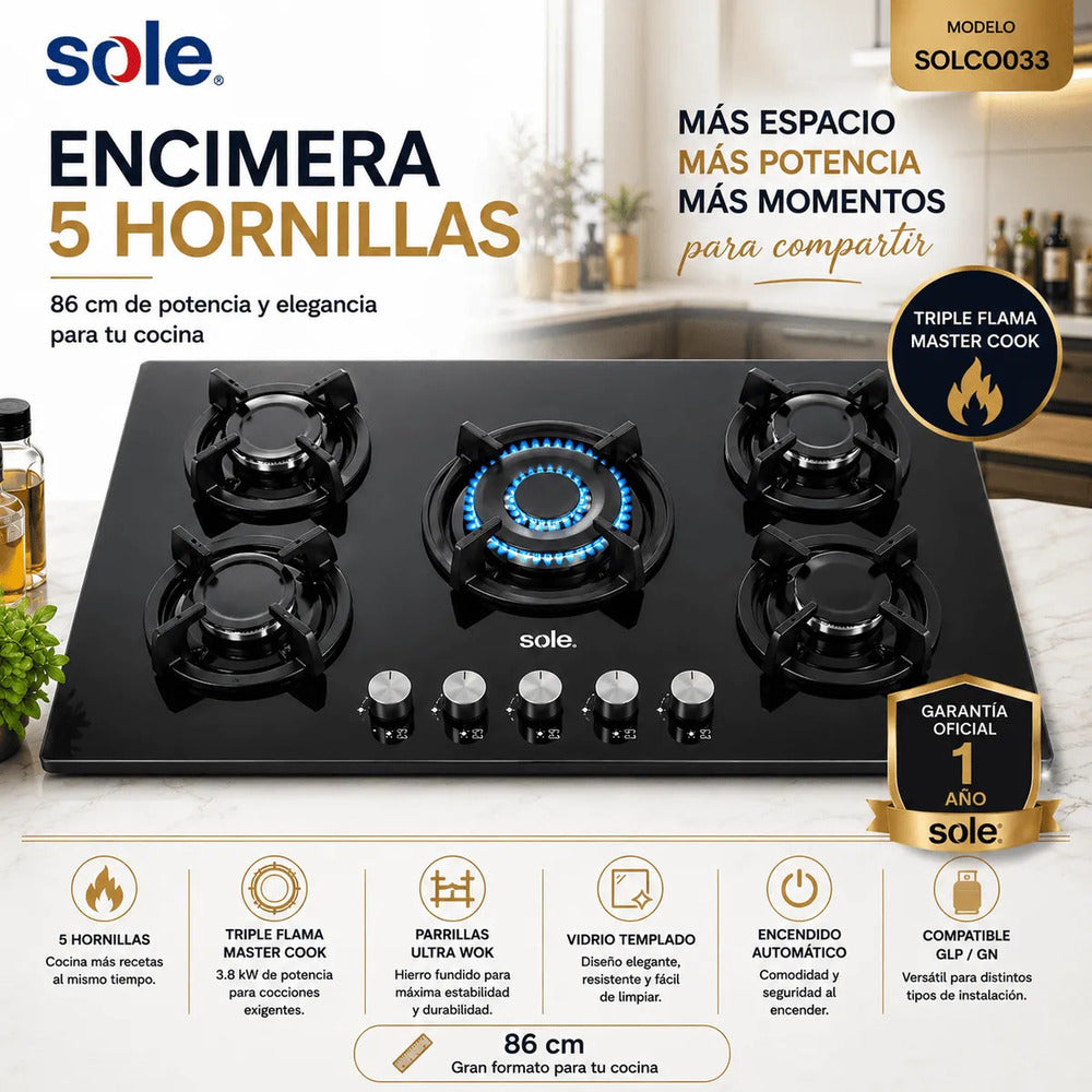 Encimera Sole 5 Hornillas 86 cm Vidrio Templado Triple Flama SOLCO033
