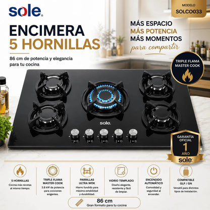 Encimera Sole 5 Hornillas 86 cm Vidrio Templado Triple Flama SOLCO033