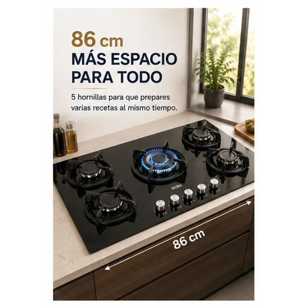 Encimera Sole 5 Hornillas 86 cm Vidrio Templado Triple Flama SOLCO033
