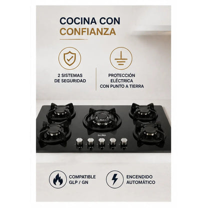 Encimera Sole 5 Hornillas 86 cm Vidrio Templado Triple Flama SOLCO033