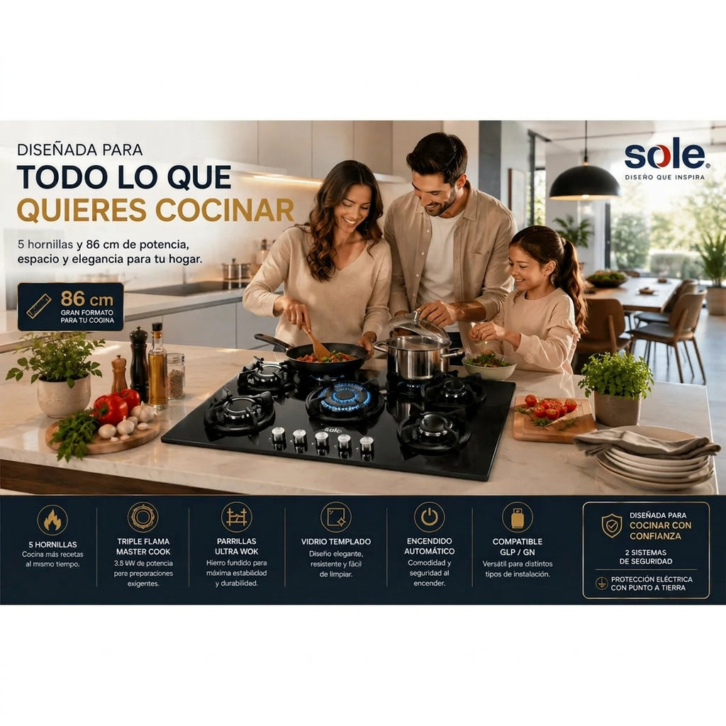 Encimera Sole 5 Hornillas 86 cm Vidrio Templado Triple Flama SOLCO033