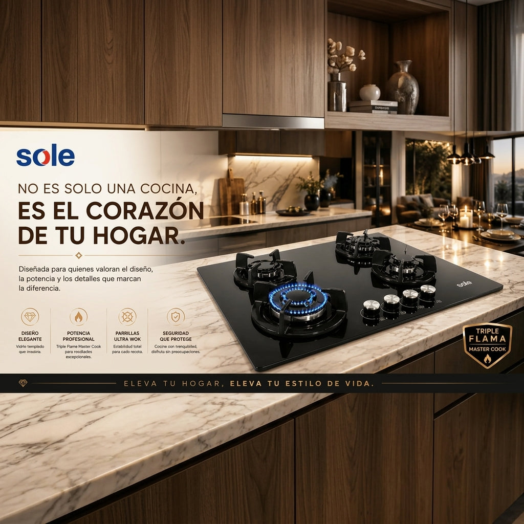 Encimera Empotrable Sole SOLCO034 60 cm Vidrio Templado a Gas 4 Quemadores Triple Flama Ultra Wok