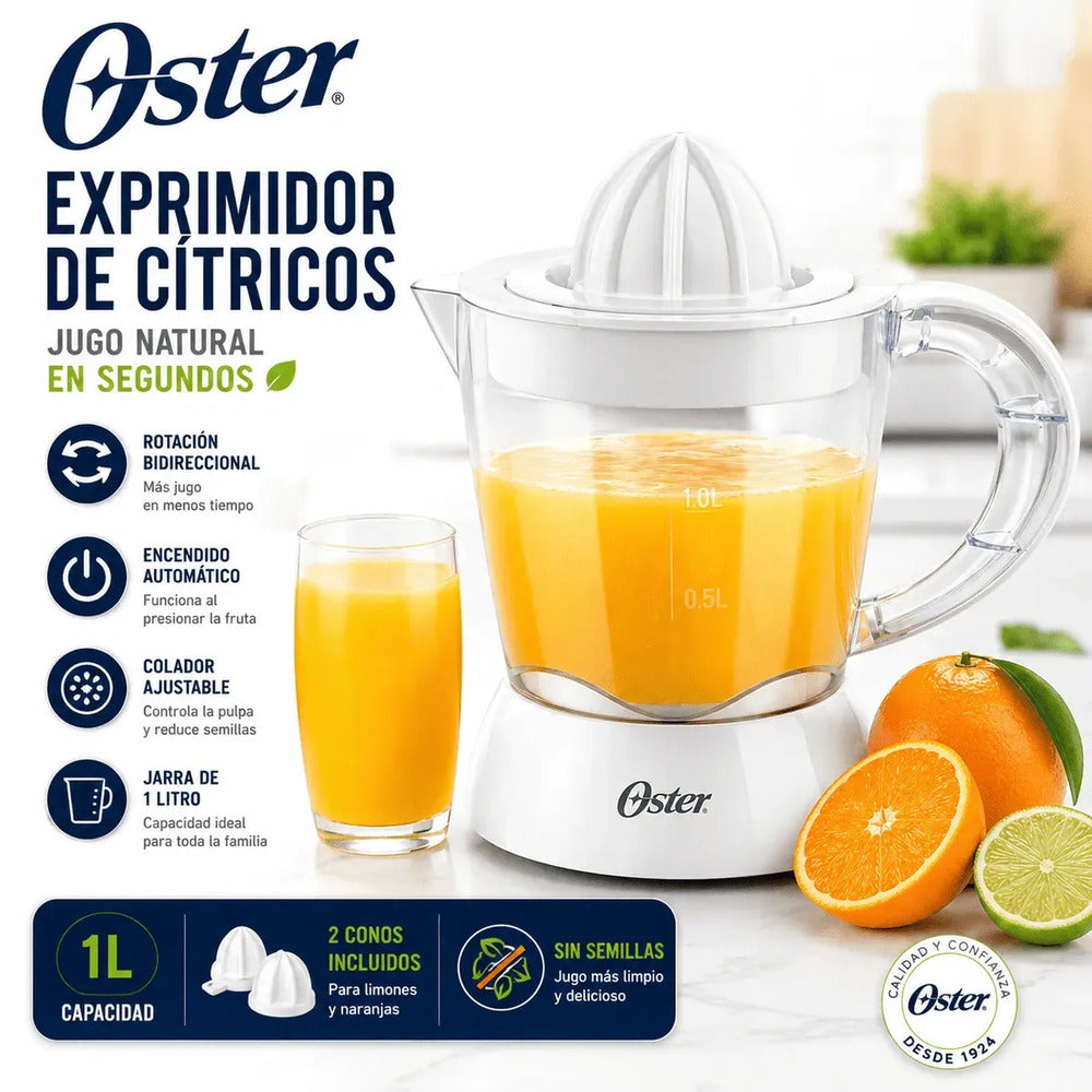 Exprimidor de Cítricos Oster 1L FPSTJU407W Automático + 2 Conos - Jugo Natural Sin Semillas Blanco