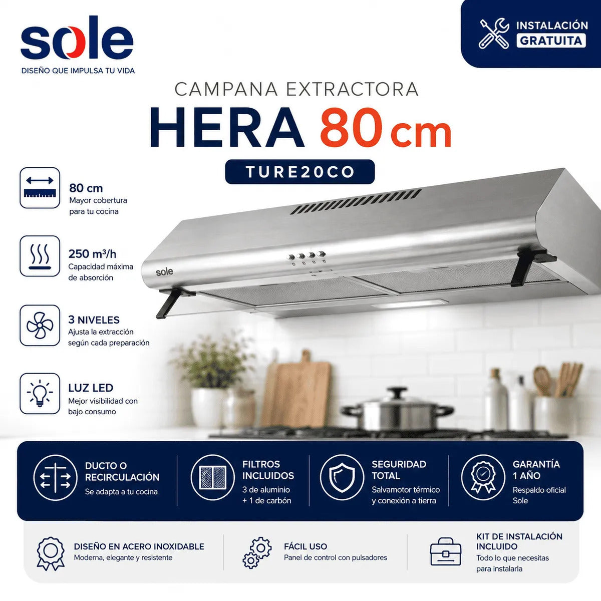 Campana Extractora Sole Hera 80 cm TURE20CO 3 Niveles y Luz LED