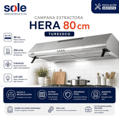Campana Extractora Sole Hera 80 cm TURE20CO 3 Niveles y Luz LED