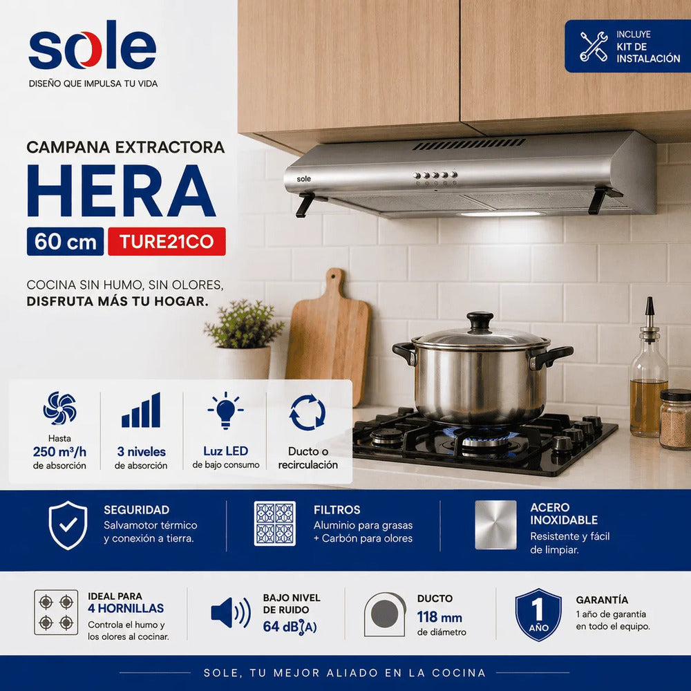 Campana Extractora Sole Hera 60 cm TURE21CO 3 Niveles Acero Inoxidable