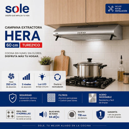 Campana Extractora Sole Hera 60 cm TURE21CO 3 Niveles Acero Inoxidable