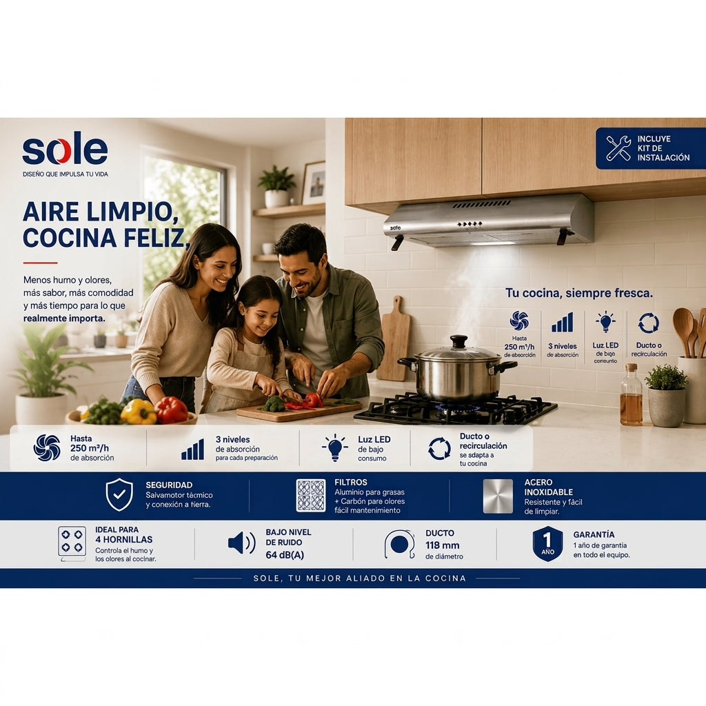 Campana Extractora Sole Hera 60 cm TURE21CO 3 Niveles Acero Inoxidable