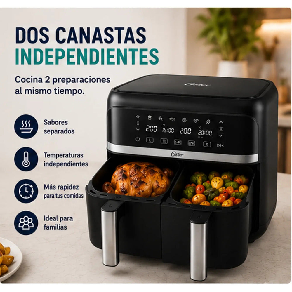 Freidora de Aire Oster Dual 7.6 Litros CKSTAF7MCDDF Digital con 2 Canastas Independientes