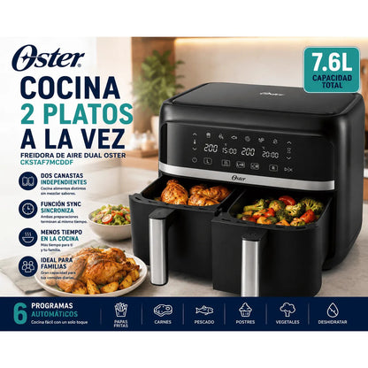 Freidora de Aire Oster Dual 7.6 Litros CKSTAF7MCDDF Digital con 2 Canastas Independientes