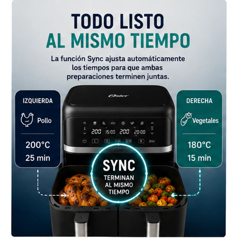 Freidora de Aire Oster Dual 7.6 Litros CKSTAF7MCDDF Digital con 2 Canastas Independientes