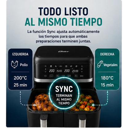 Freidora de Aire Oster Dual 7.6 Litros CKSTAF7MCDDF Digital con 2 Canastas Independientes