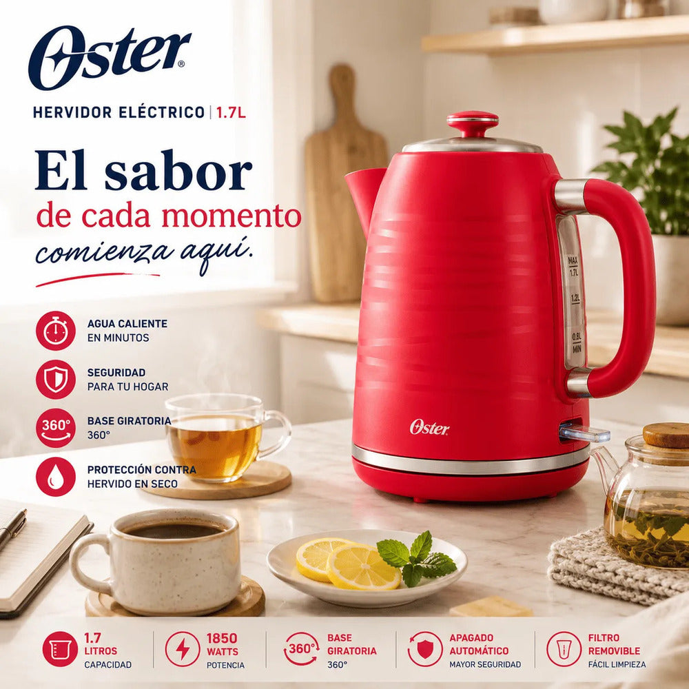 Hervidor Eléctrico Oster BVSTKT4177M 1.7L 1850W con Base 360° y Apagado Automático