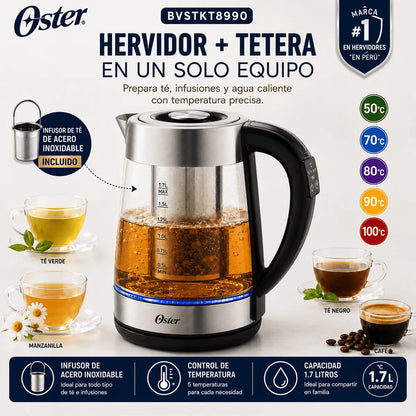 Hervidor Oster BVSTKT8990 de Vidrio 1.7 Litros con Infusor para Té y 5 Niveles de Temperatura