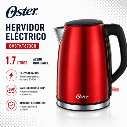 Hervidor Eléctrico Oster BVSTKT673CR 1.7 Litros Acero Inoxidable Rojo Base 360° Apagado Automático