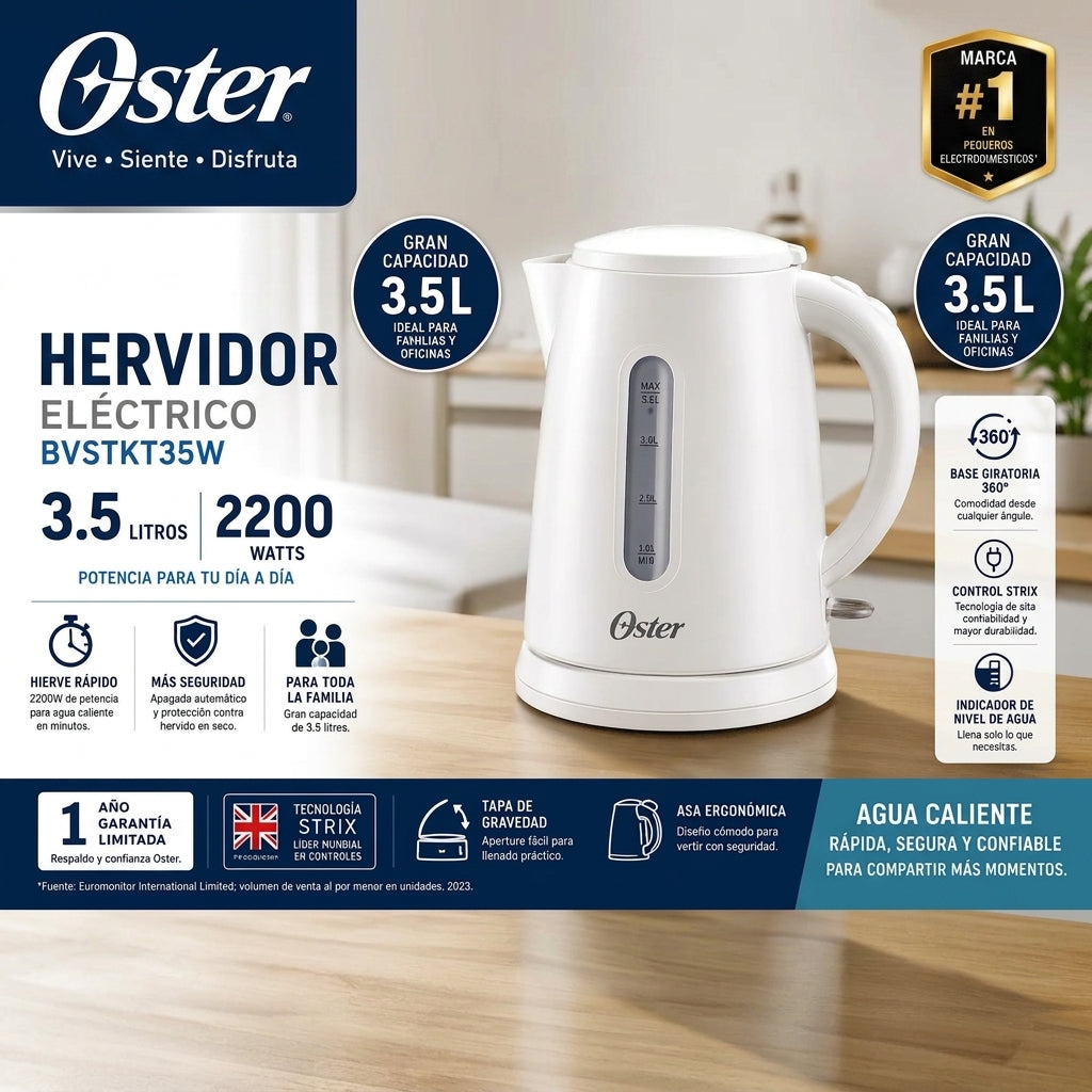 Hervidor Eléctrico Oster BVSTKT35W 3.5 Litros 2200W con Apagado Automático y Base 360°