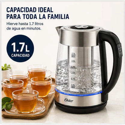Hervidor Oster BVSTKT8990 de Vidrio 1.7 Litros con Infusor para Té y 5 Niveles de Temperatura