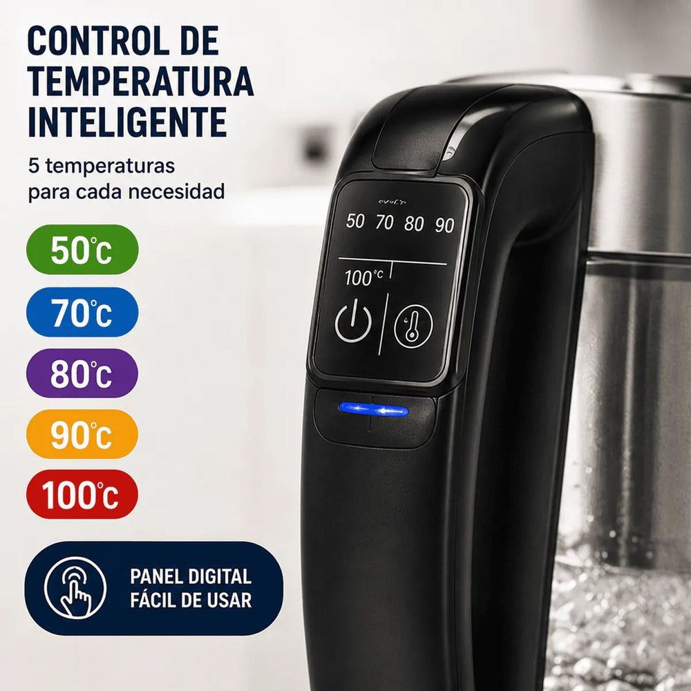 Hervidor Oster BVSTKT8990 de Vidrio 1.7 Litros con Infusor para Té y 5 Niveles de Temperatura