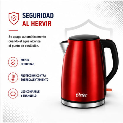 Hervidor Eléctrico Oster BVSTKT673CR 1.7 Litros Acero Inoxidable Rojo Base 360° Apagado Automático