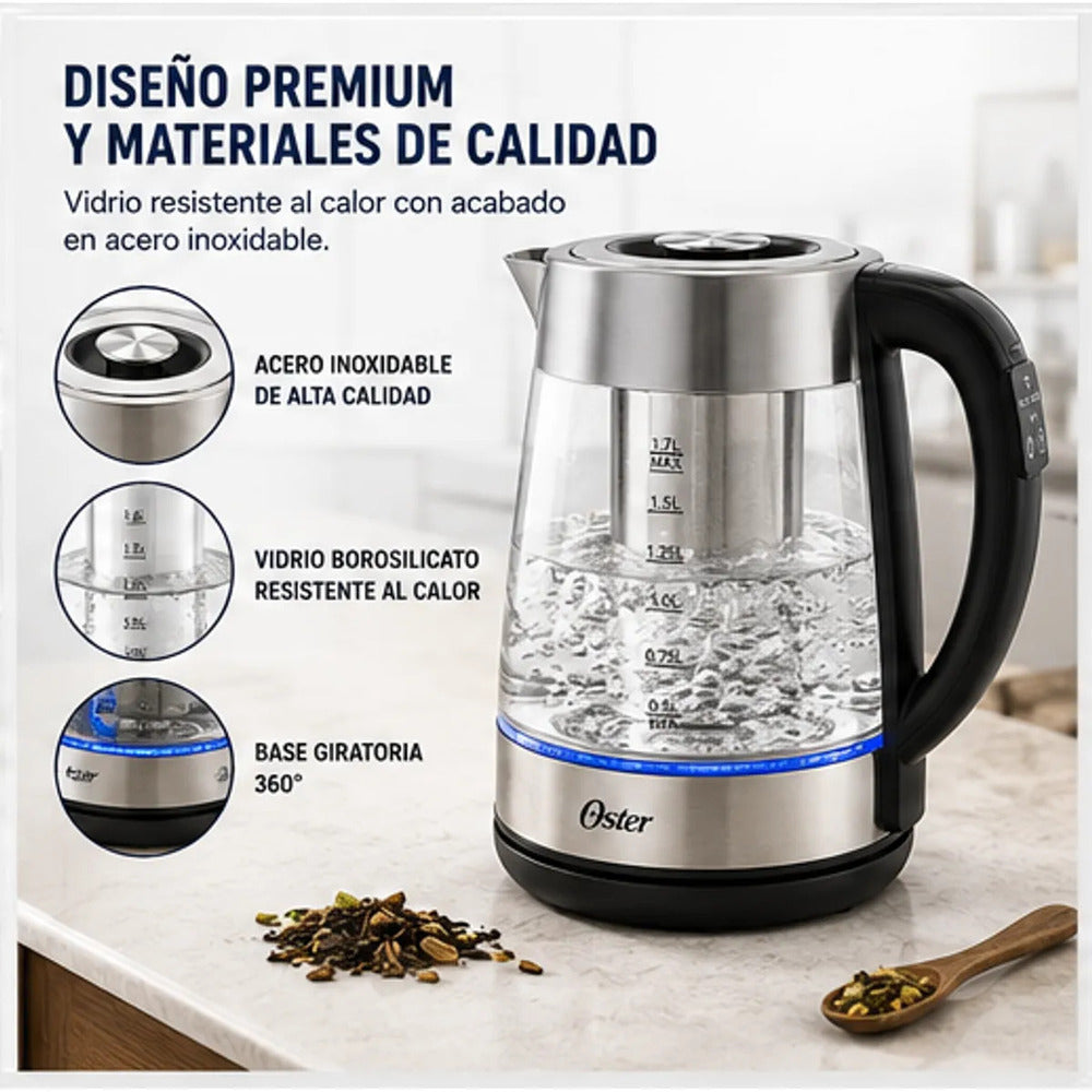 Hervidor Oster BVSTKT8990 de Vidrio 1.7 Litros con Infusor para Té y 5 Niveles de Temperatura
