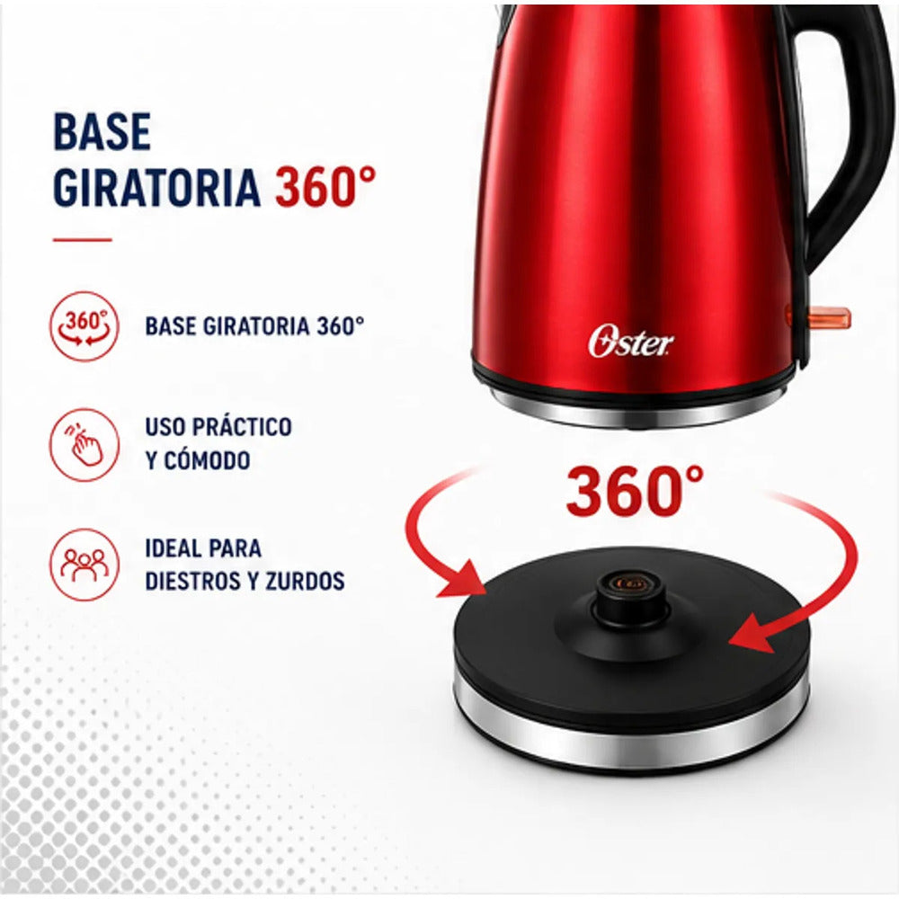 Hervidor Eléctrico Oster BVSTKT673CR 1.7 Litros Acero Inoxidable Rojo Base 360° Apagado Automático