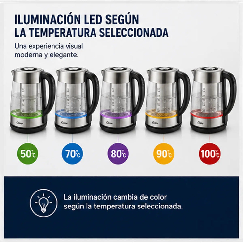 Hervidor Oster BVSTKT8990 de Vidrio 1.7 Litros con Infusor para Té y 5 Niveles de Temperatura