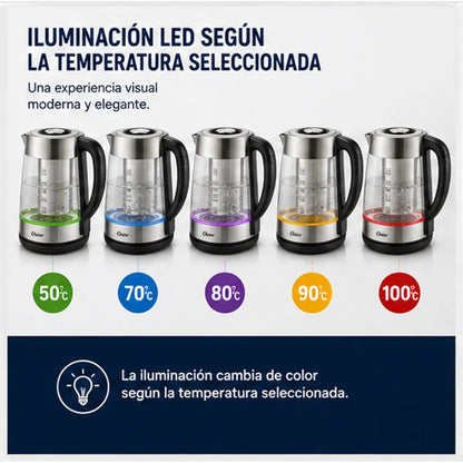 Hervidor Oster BVSTKT8990 de Vidrio 1.7 Litros con Infusor para Té y 5 Niveles de Temperatura