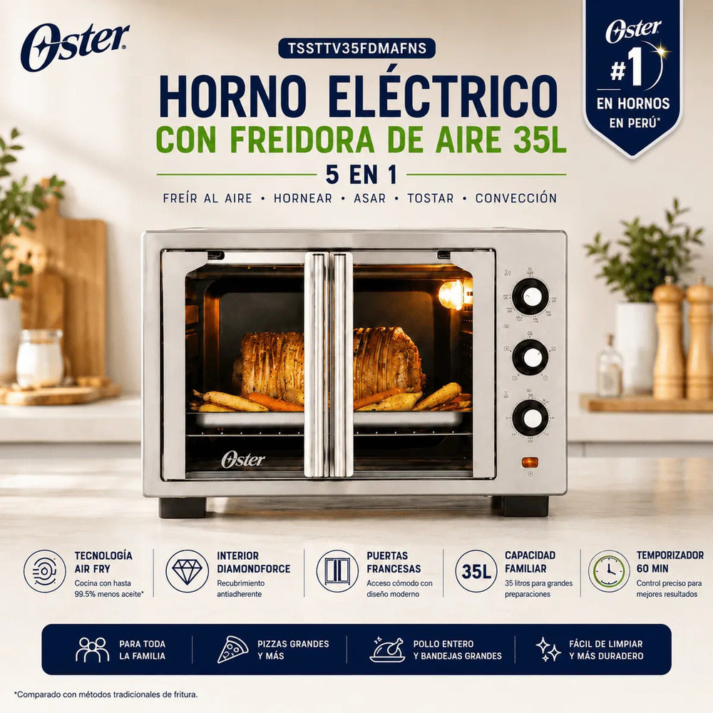 Horno Eléctrico Oster TSSTTV35FDMAFNS 35L con Freidora de Aire 5 en 1 Puerta Francesa Acero Inoxidable