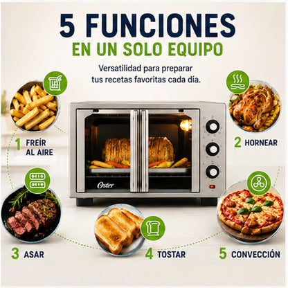 Horno Eléctrico Oster TSSTTV35FDMAFNS 35L con Freidora de Aire 5 en 1 Puerta Francesa Acero Inoxidable