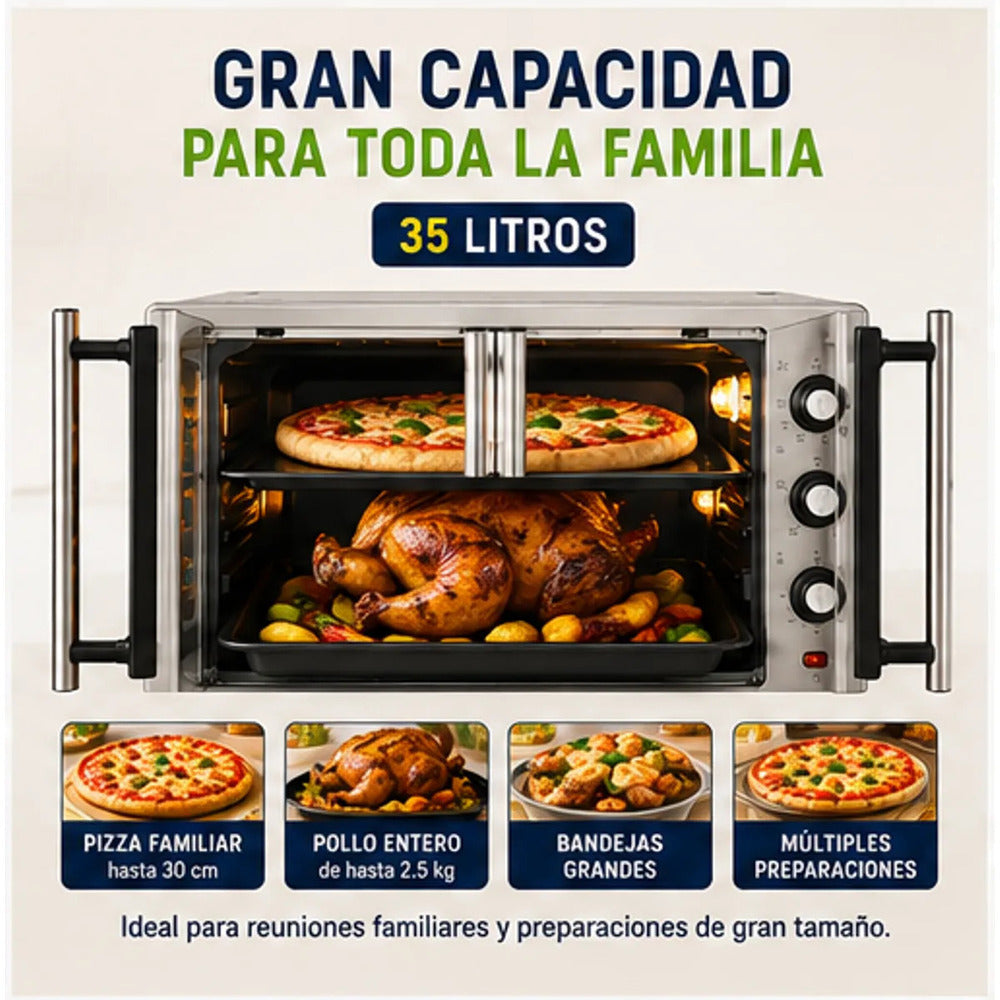 Horno Eléctrico Oster TSSTTV35FDMAFNS 35L con Freidora de Aire 5 en 1 Puerta Francesa Acero Inoxidable