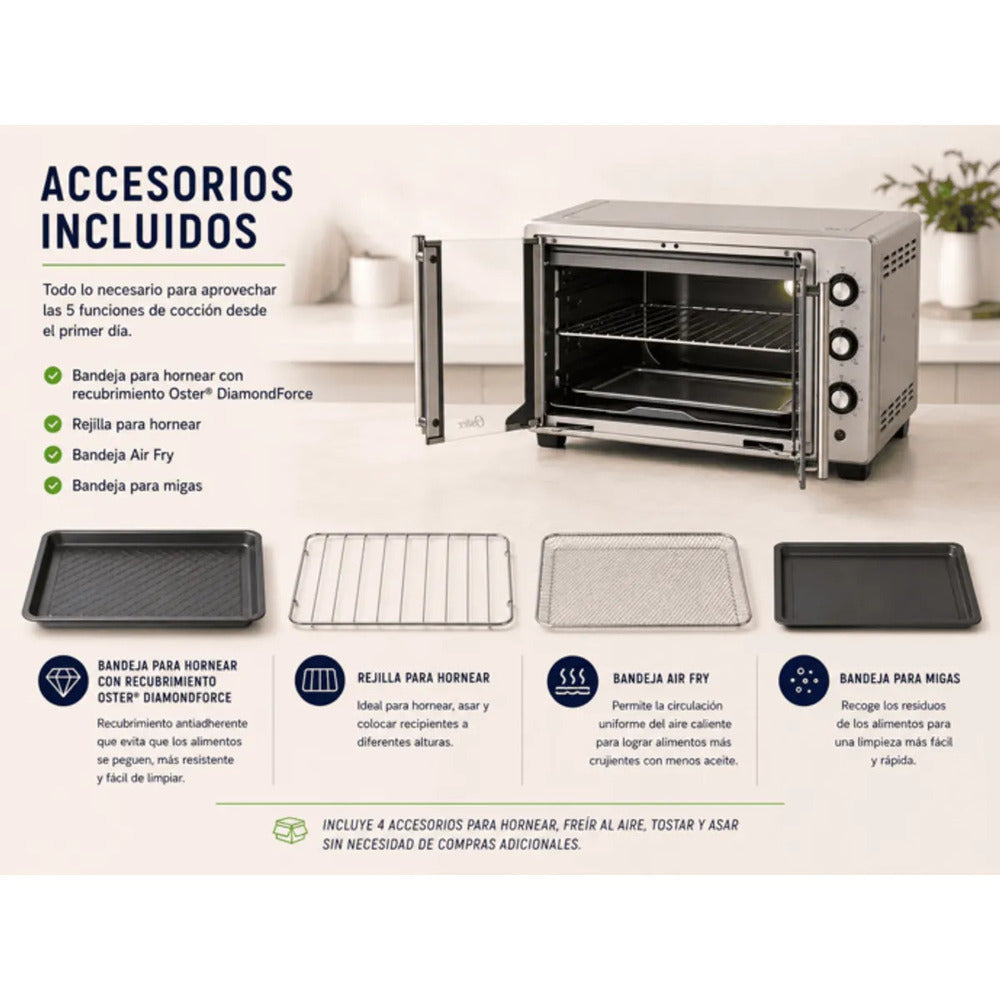Horno Eléctrico Oster TSSTTV35FDMAFNS 35L con Freidora de Aire 5 en 1 Puerta Francesa Acero Inoxidable