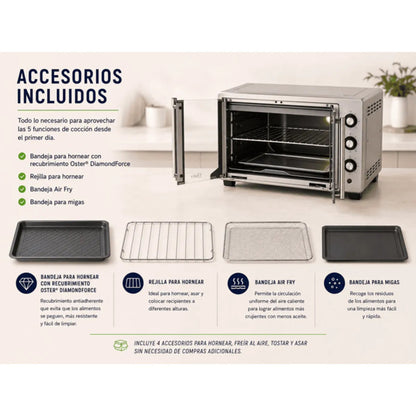 Horno Eléctrico Oster TSSTTV35FDMAFNS 35L con Freidora de Aire 5 en 1 Puerta Francesa Acero Inoxidable
