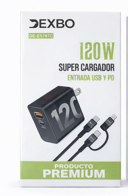 Cargador Rápido DEXBO 120W USB + PD Power Delivery Modelo DE-E5197C