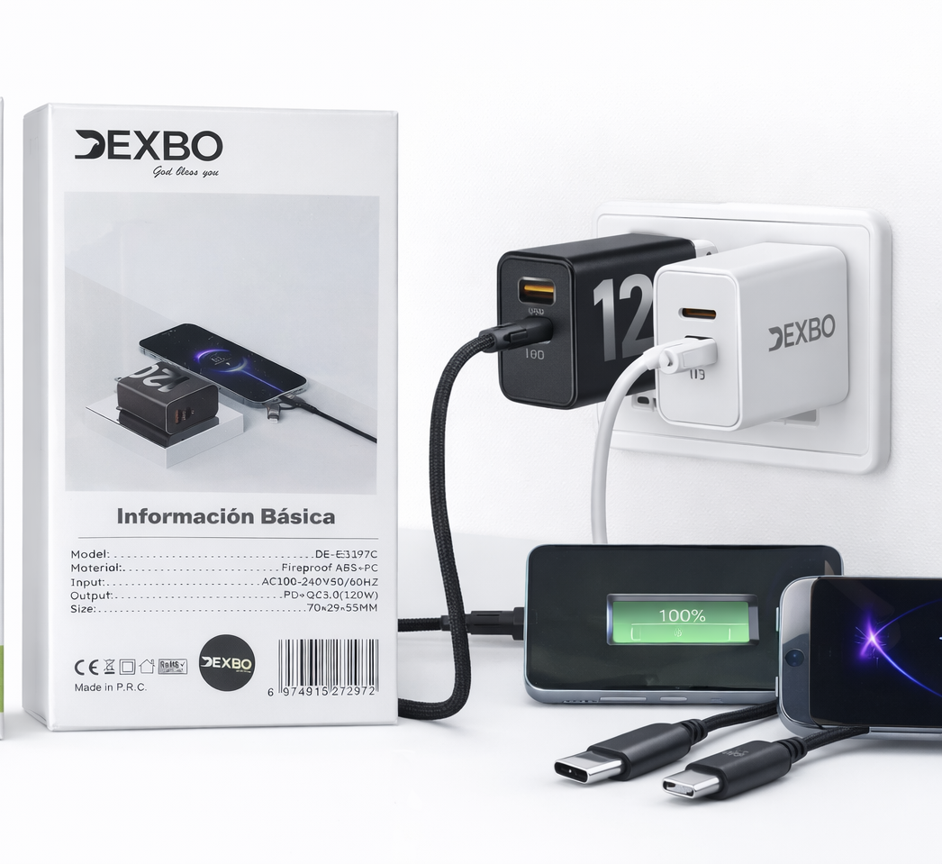 Cargador Rápido DEXBO 120W USB + PD Power Delivery Modelo DE-E5197C