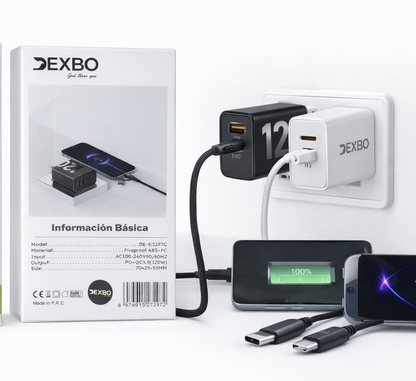 Cargador Rápido DEXBO 120W USB + PD Power Delivery Modelo DE-E5197C