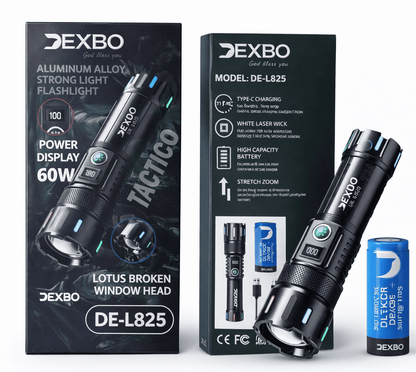 Linterna Táctica DEXBO 60W Recargable Type-C Zoom Modelo DE-L825