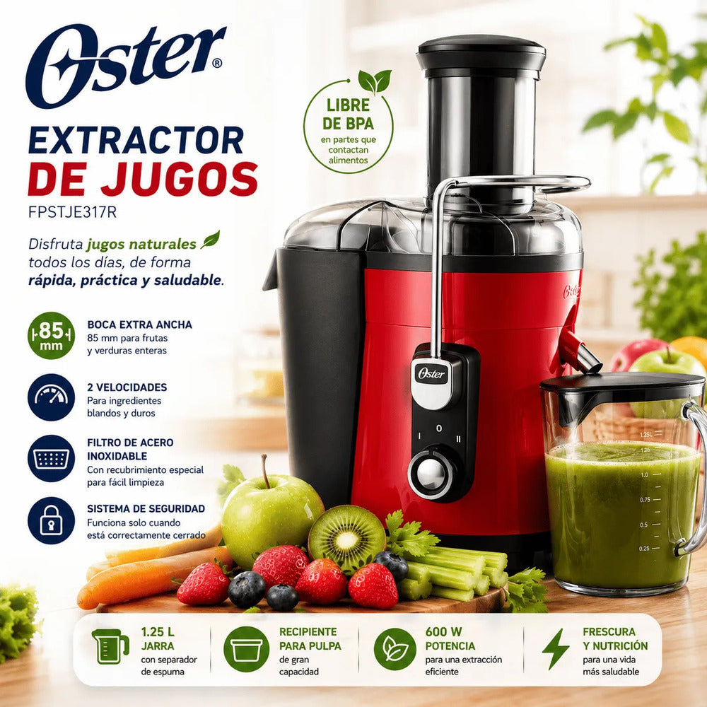 Extractor de Jugos Oster FPSTJE317R 600W con Boca Extra Ancha, 2 Velocidades y Jarra de 1.25 L