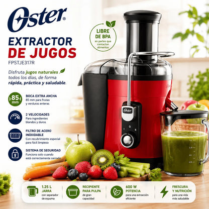 Extractor de Jugos Oster FPSTJE317R 600W con Boca Extra Ancha, 2 Velocidades y Jarra de 1.25 L