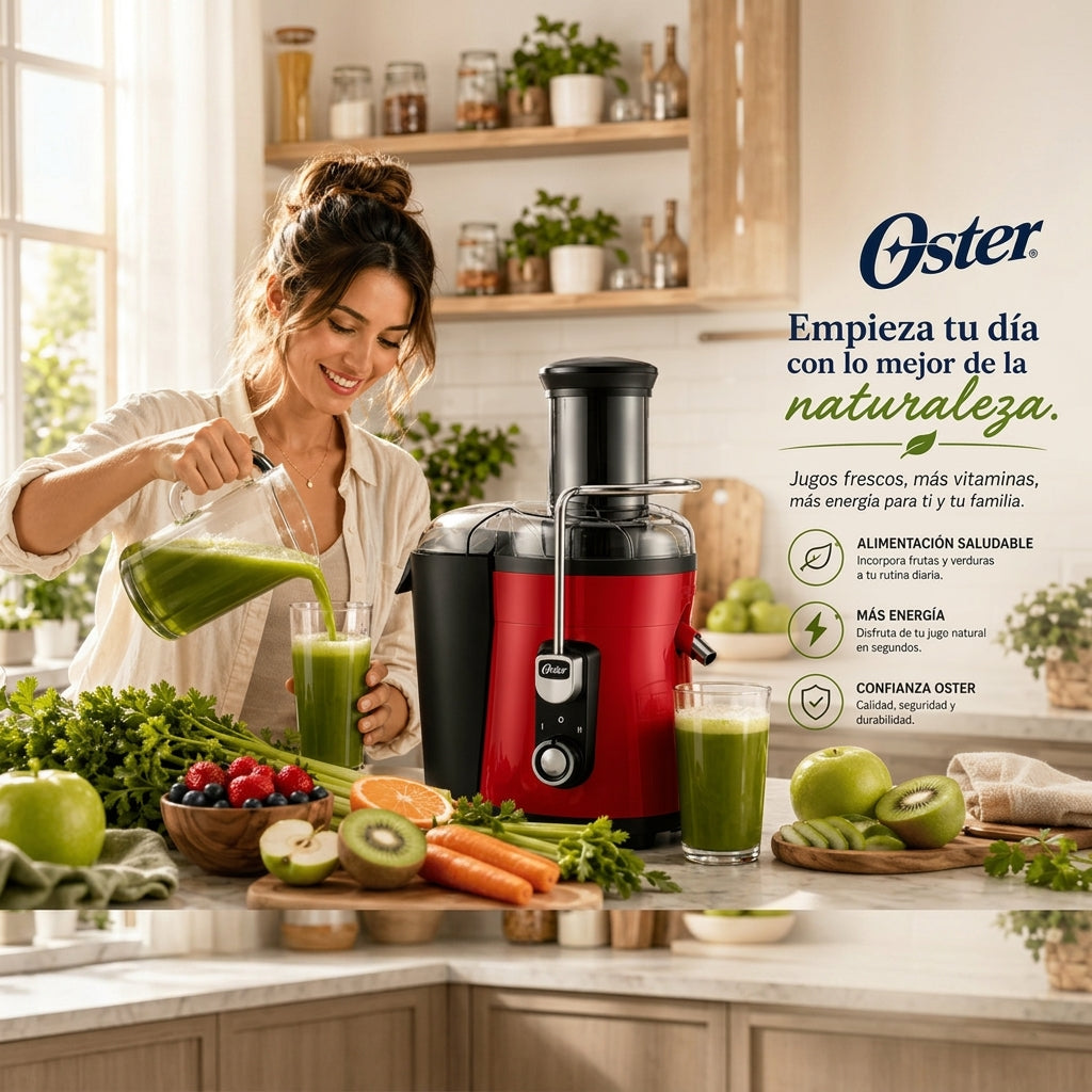 Extractor de Jugos Oster FPSTJE317R 600W con Boca Extra Ancha, 2 Velocidades y Jarra de 1.25 L