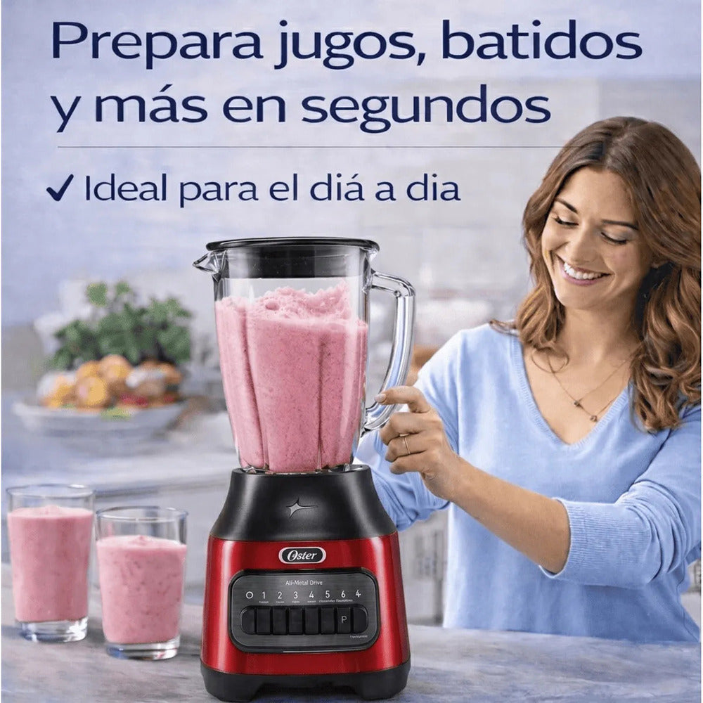 Licuadora Oster 1.5L 800W Vaso de Vidrio 6 Velocidades + Pulso BLSTPEG-CPB Roja