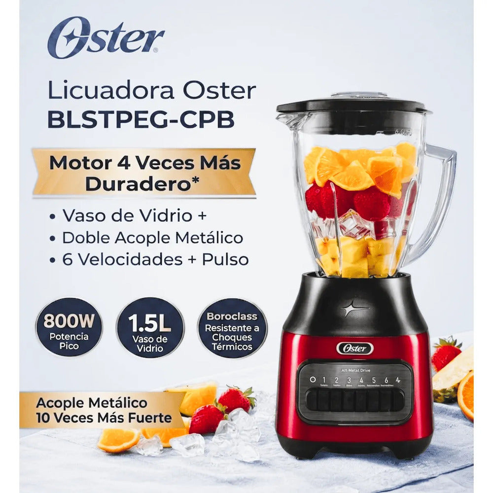 Licuadora Oster 1.5L 800W Vaso de Vidrio 6 Velocidades + Pulso BLSTPEG-CPB Roja