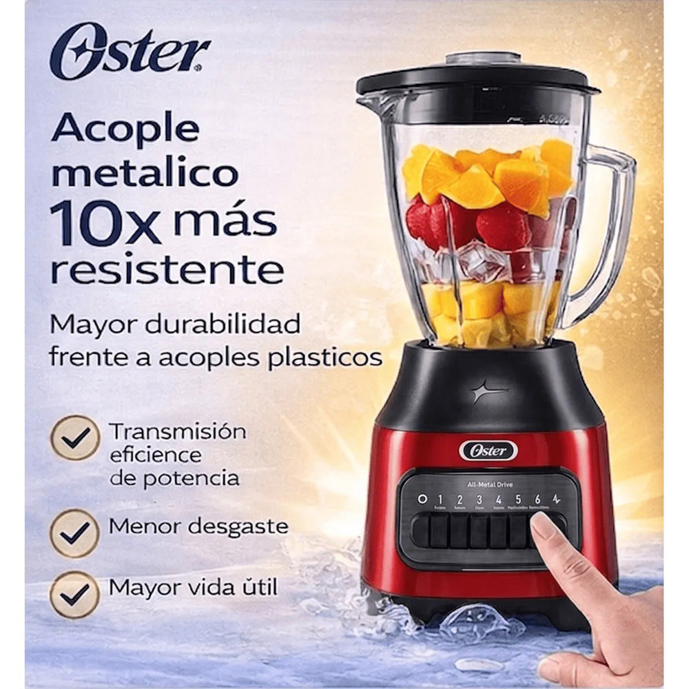 Licuadora Oster 1.5L 800W Vaso de Vidrio 6 Velocidades + Pulso BLSTPEG-CPB Roja